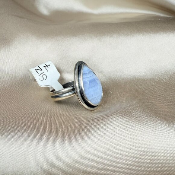 Sterling Blue Lace Agate Teardrop Cabochon Gemstone Silver Ring Jewelry SIze 7 - Picture 2 of 5